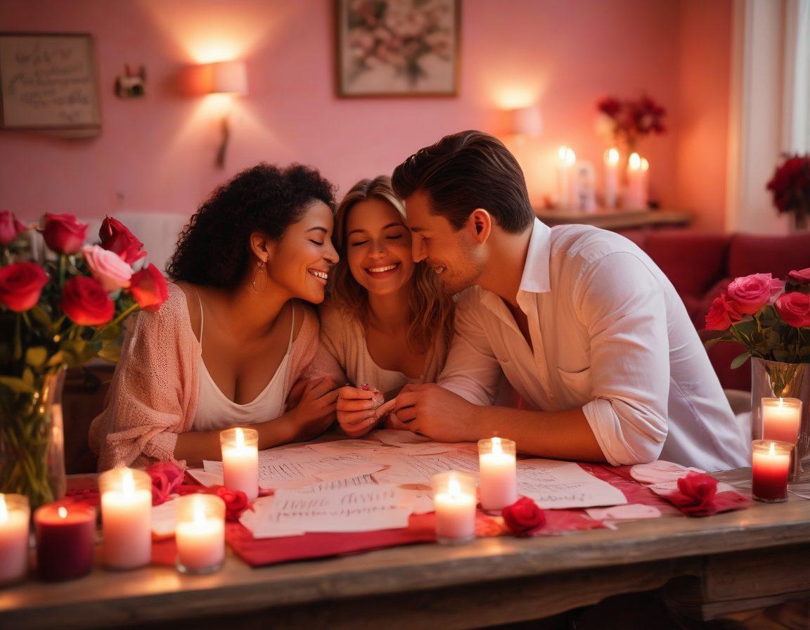 A cozy, warmly lit scene of a couple sharing tender moments together, surrounded by elements of love such as handwritten love notes, heart-shaped candles, and a bouquet of roses. The couple is laughing and enjoying a meal, conveying a sense of intimacy and connection. Soft pink and red hues dominate the background to symbolize affection. super-realistic. warm tones. romantic atmosphere.
