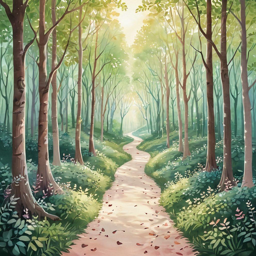A beautifully designed illustration showing two pathways diverging in a romantic forest, with heart-shaped leaves transitioning into friendship-themed symbols like intertwined hands and laughter. Soft sunlight filtering through the trees symbolizes warmth and growth. Gentle pastel colors enhance the emotional depth of the journey from romance to friendship. whimsical style. soft pastel colors. nature-inspired.