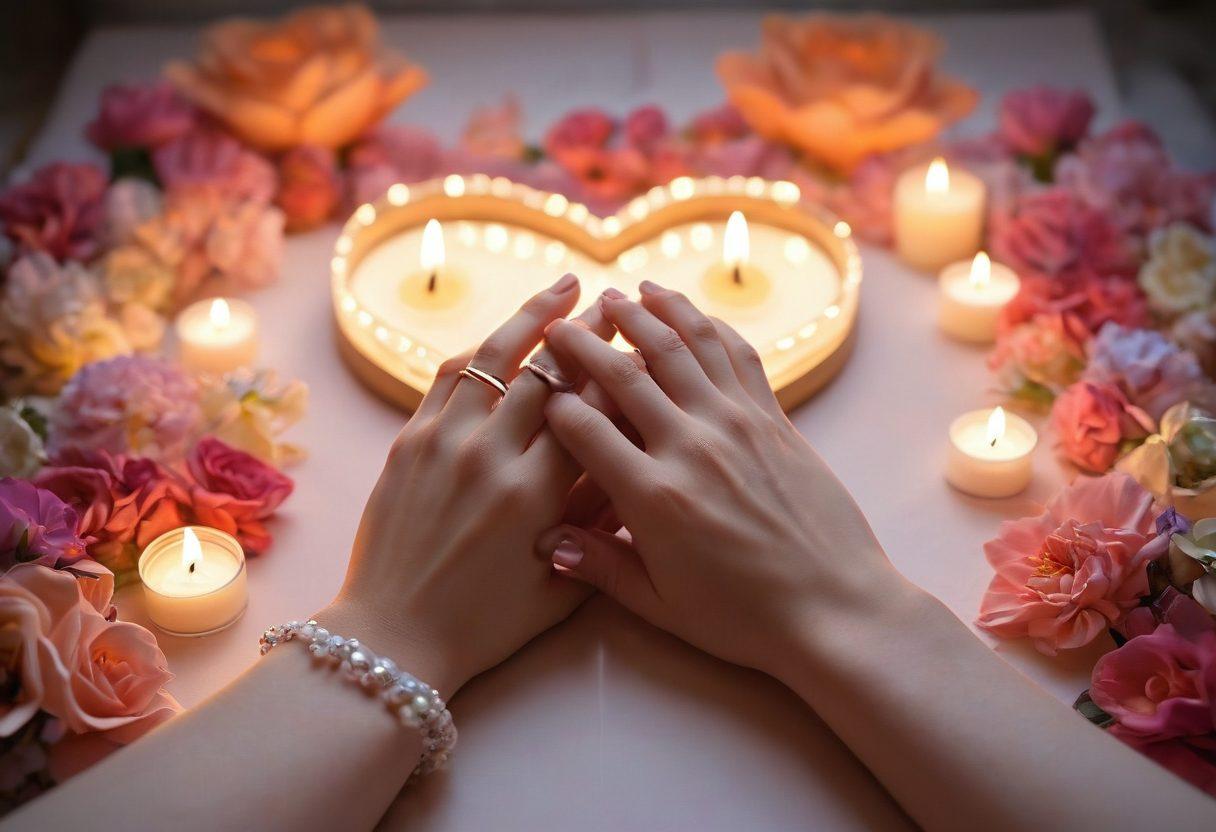 A warm and inviting scene depicting two hands gently intertwined, surrounded by floating heart-shaped elements and vibrant flowers representing love. In the background, soft pastel colors create an atmosphere of warmth and intimacy, with subtle hints of shared moments like candles and love letters. The hands are adorned with delicate rings, symbolizing commitment. Artistic touches like light flares should enhance the romantic aura. super-realistic. vibrant colors. soft focus.